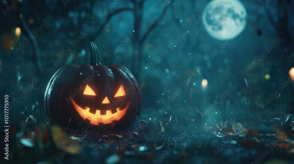 Fototapeta premium Spooky Halloween scene featuring carved pumpkin and moon, cartoon style.