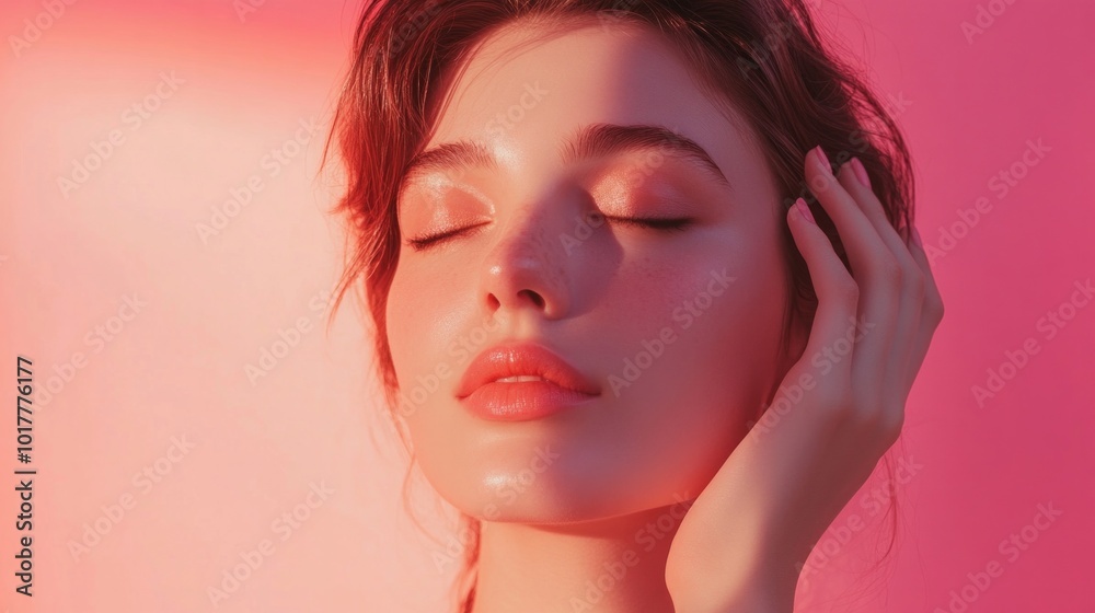A woman with long brown hair and a pink background A woman with long brown hair and a pink background