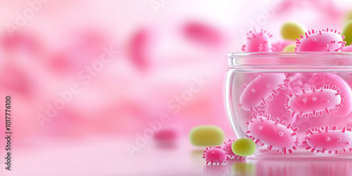 Pink germs inside a transparent jar on pink background. 3D style, playful and abstract representation of bacteria or microbes. Health awareness and medical concept. For educational material