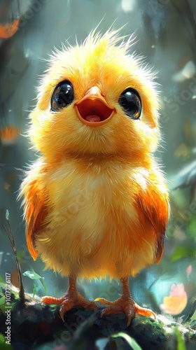 A cheerful, fluffy yellow chick with big eyes in a vibrant setting.