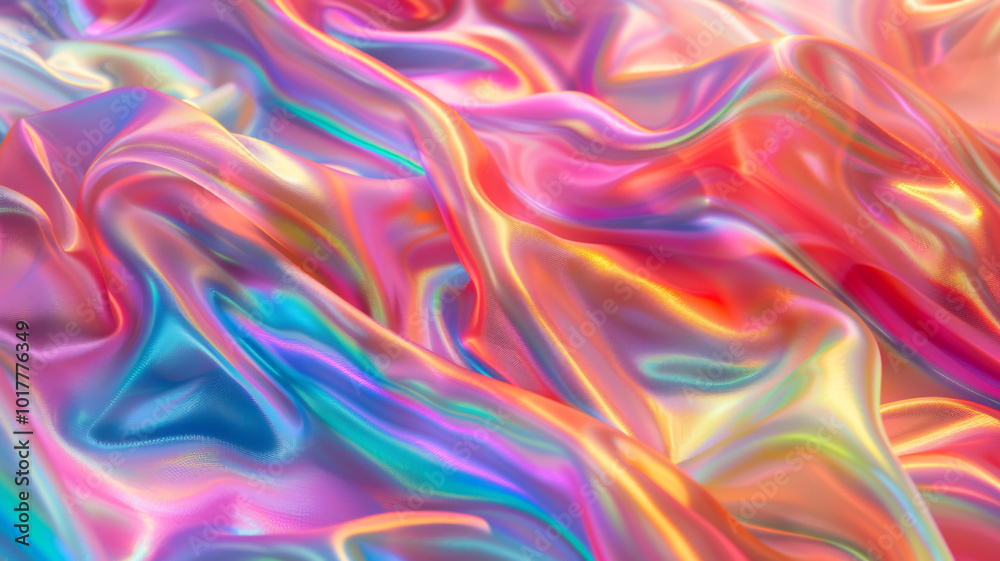 Close-up view of wrinkled iridescent fabric with a predominantly purple hue, abstract background