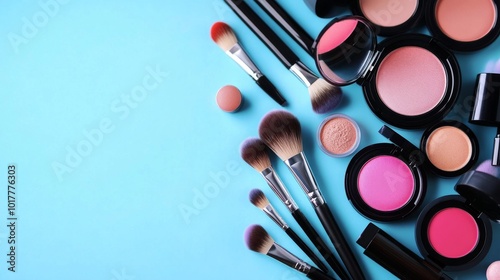 Makeup brushes and blush palette on blue background creating beauty corner