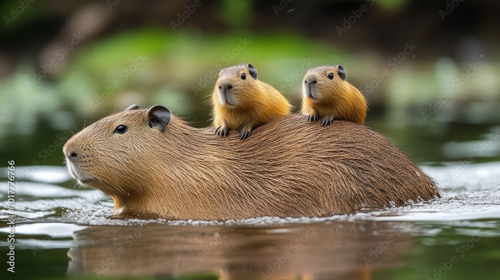 Three small brown animals are on top of a larger brown animal Three small brown animals are on top of a larger brown animal