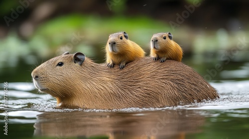 Three small brown animals are on top of a larger brown animal