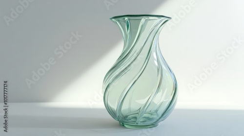 A glass vase with a spiral design sits on a white table photo