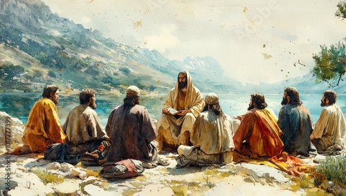 Jesus teaching disciples by a serene lakeside with mountains in the background, peaceful and reflective scene Generative AI photo