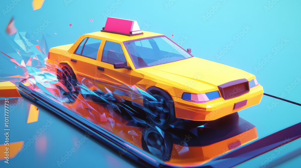 A smartphone with a bright yellow taxi driving out of the screen. The image is designed in a modern, low-poly style. A smartphone with a bright yellow taxi driving out of the screen. The image is designed in a modern, low-poly style.