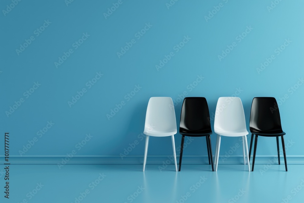 Monochromatic Elegance: Black and White Chairs Against Blue Canvas Monochromatic Elegance: Black and White Chairs Against Blue Canvas