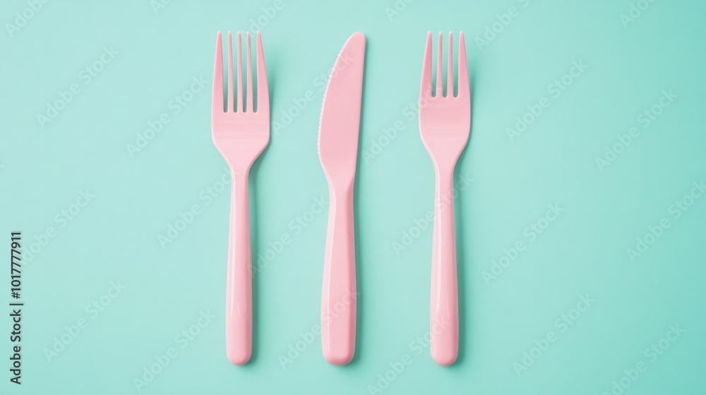 Three pink plastic utensils, a fork, a knife, and a spoon Three pink plastic utensils, a fork, a knife, and a spoon