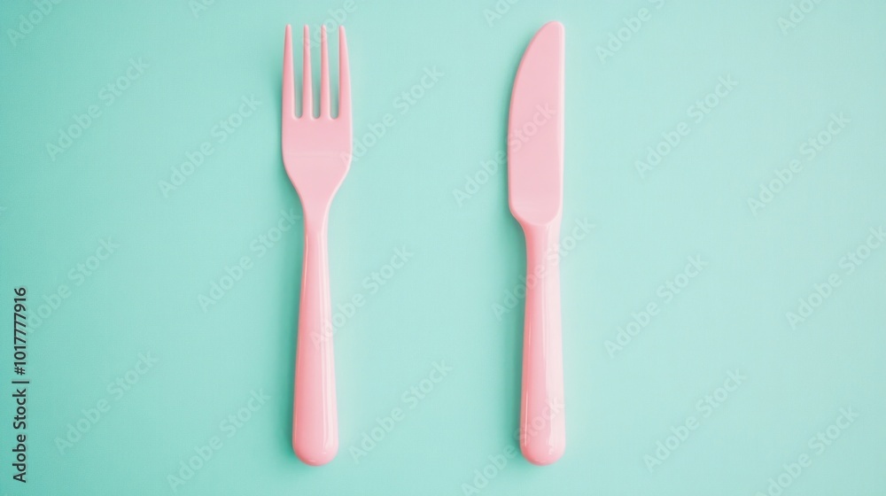 Two pink plastic utensils, a fork and a knife, are placed on a blue background Two pink plastic utensils, a fork and a knife, are placed on a blue background