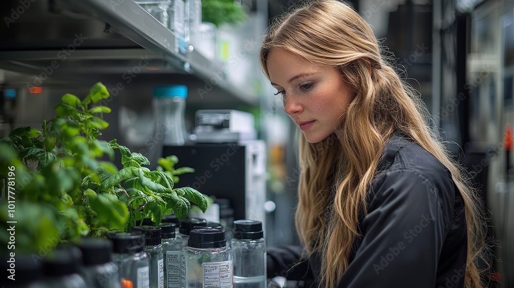 A woman examines plants in a laboratory setting, focusing on scientific research. A woman examines plants in a laboratory setting, focusing on scientific research.