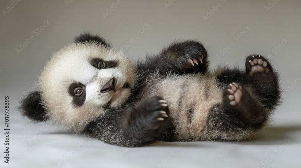 Adorable panda cub lying on its back, showcasing its playful nature. Adorable panda cub lying on its back, showcasing its playful nature.