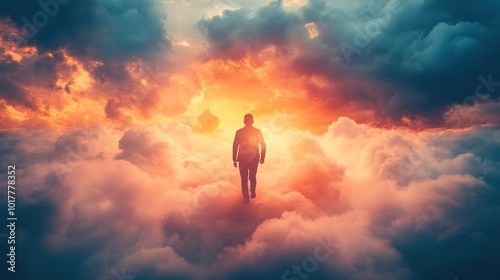 Businessman walking on clouds to heaven at sunset