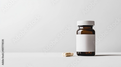 A bottle of pills sits on a table next to a pill