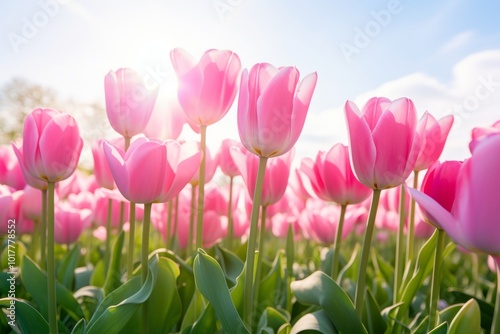 Close-Up of Vibrant Pink Tulips in Full Bloom Across a Scenic Field, generative ai