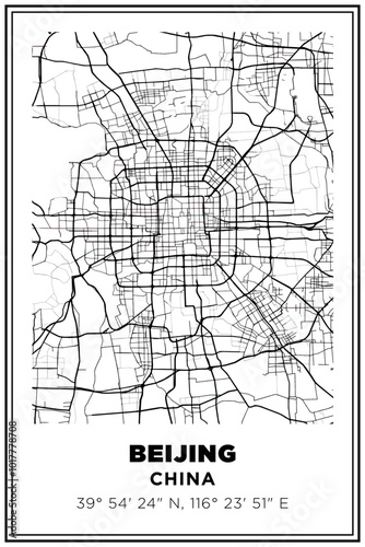 Black and white printable Street map art Beijing city, china. Travel poster with coordinates, poster design, Modern Poster Wall Art Home Decor Ready to Printable