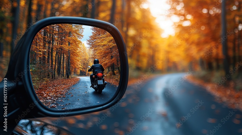 Motorcycle ride through autumn forest road with reflection in rearview mirror Generative AI Motorcycle ride through autumn forest road with reflection in rearview mirror Generative AI