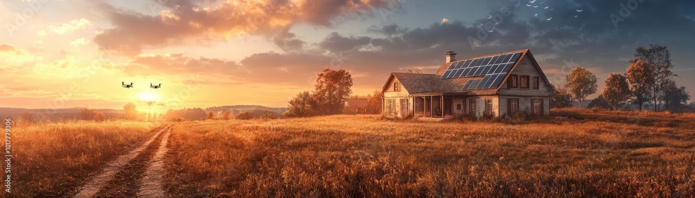 Wide-angle view of a futuristic farmhouse with solar panels and drones, dramatic sunset lighting, serene rural landscape Wide-angle view of a futuristic farmhouse with solar panels and drones, dramatic sunset lighting, serene rural landscape