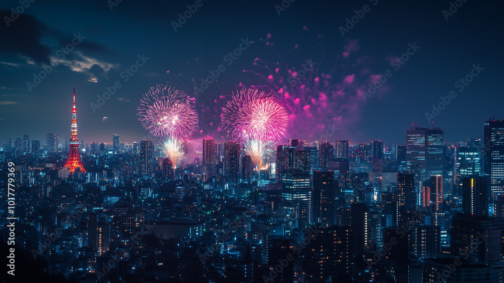 Fototapeta premium Celebratory fireworks illuminate the Tokyo skyline, as thousands gather to welcome the New Year 2025