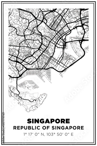 Black and white printable Street map art Singapore city, Singapore. Travel poster with coordinates, poster design, Modern Poster Wall Art Home Decor Ready to Printable