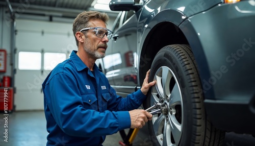 Mechanic Changing Tire: A skilled auto mechanic meticulously works on changing a tire, showcasing expertise and precision in a well-lit auto repair shop.