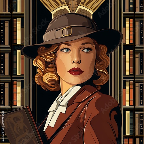 Glamorous Woman in a Fedora Standing in a Library, a Retro Illustration.
