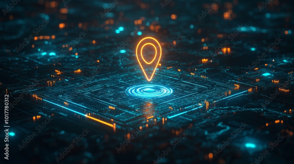 Glowing location pin floating over futuristic circuit board Glowing location pin floating over futuristic circuit board