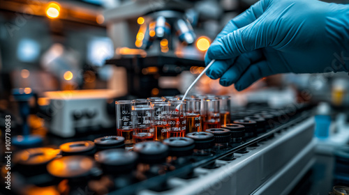 Scientist conducting analysis using microscope and test tubes in lab environment. Generative AI
