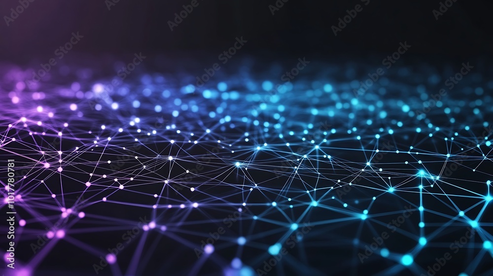 Abstract digital network with glowing blue and purple nodes connected by lines on a black background. Abstract digital network with glowing blue and purple nodes connected by lines on a black background.