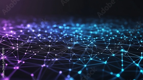 Abstract digital network with glowing blue and purple nodes connected by lines on a black background.