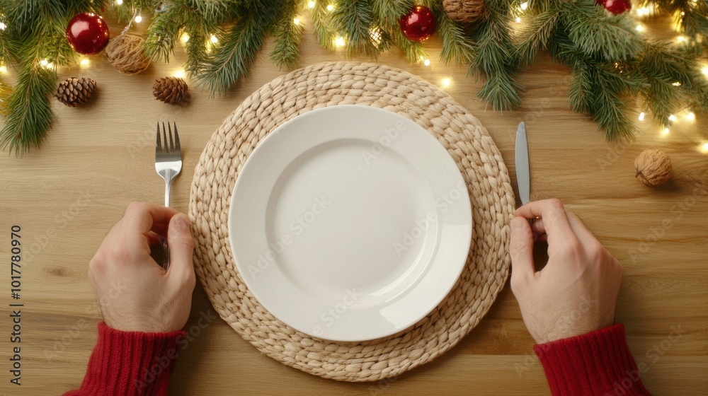 Festive Holiday Table Setting with Empty Plate and Christmas Decorations, AI Festive Holiday Table Setting with Empty Plate and Christmas Decorations, AI