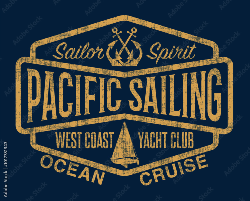 Pacific ocean sailing cruise label vector print for kid boy children t shirt  grunge effect in separate layer