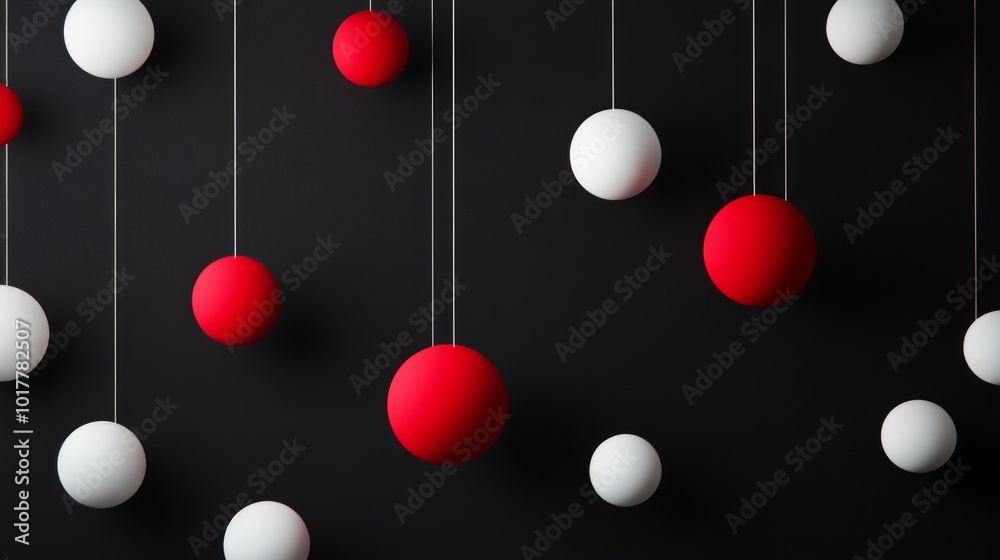 A black background with red and white balls hanging from the ceiling A black background with red and white balls hanging from the ceiling