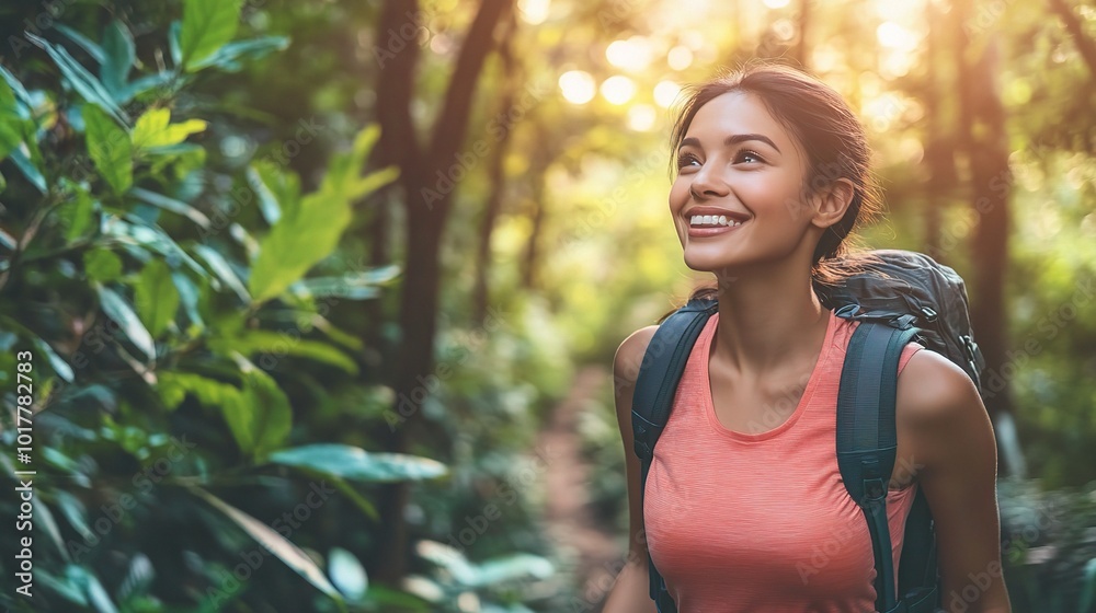Smiling Woman in Nature with Backpack Smiling Woman in Nature with Backpack
