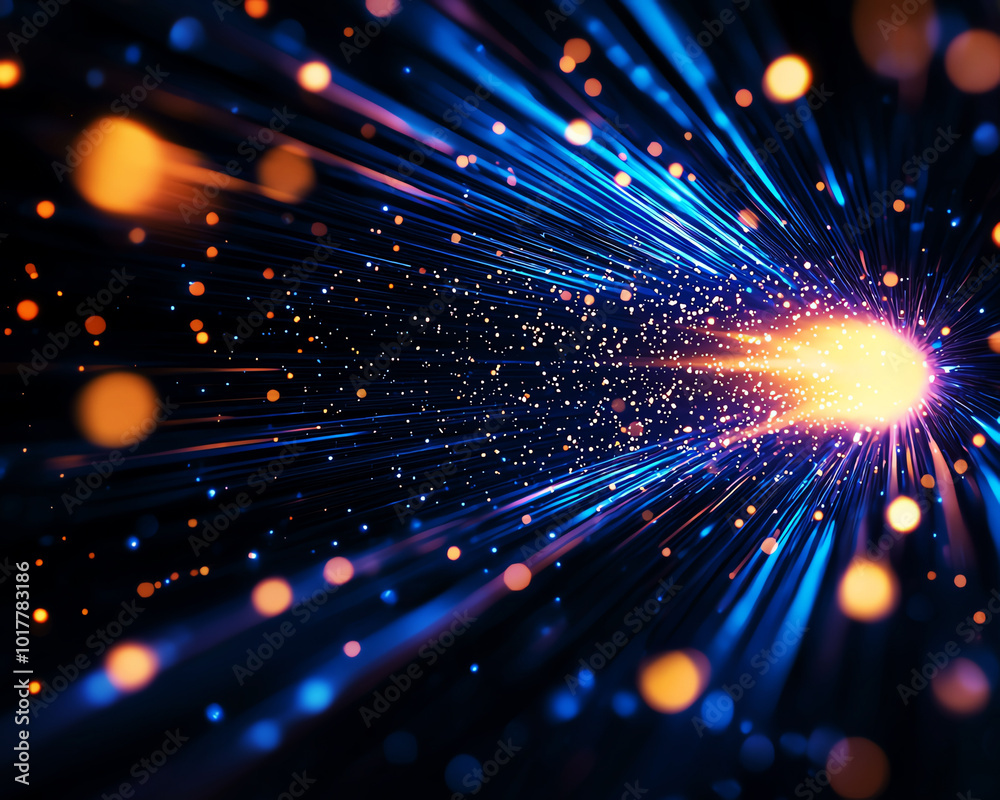Obraz premium Vibrant light trails and particles create a stunning visual effect on a dark background.