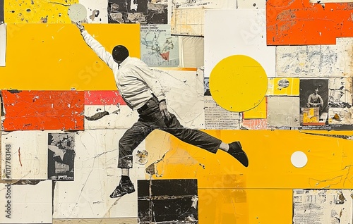 Dynamic figure leaping against a vibrant abstract collage photo