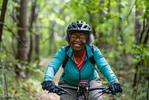 Cheerful active senior woman with bicycle in the forest. Perfect activities for elderly people.