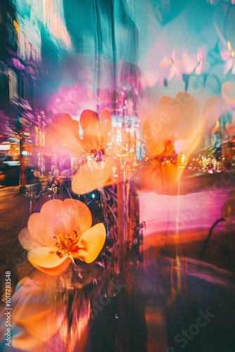 Vibrant flowers illuminated by city lights create a colorful abstract scene at night in an urban garden setting photo