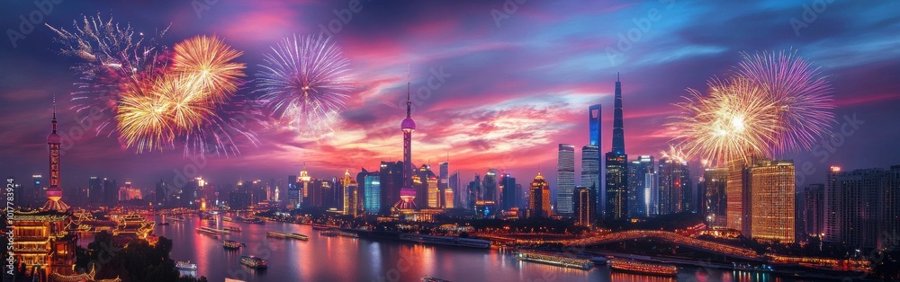 Obraz premium Spectacular fireworks light up the skyline during a vibrant evening celebration with colorful illuminations on the water. Wide web banner.