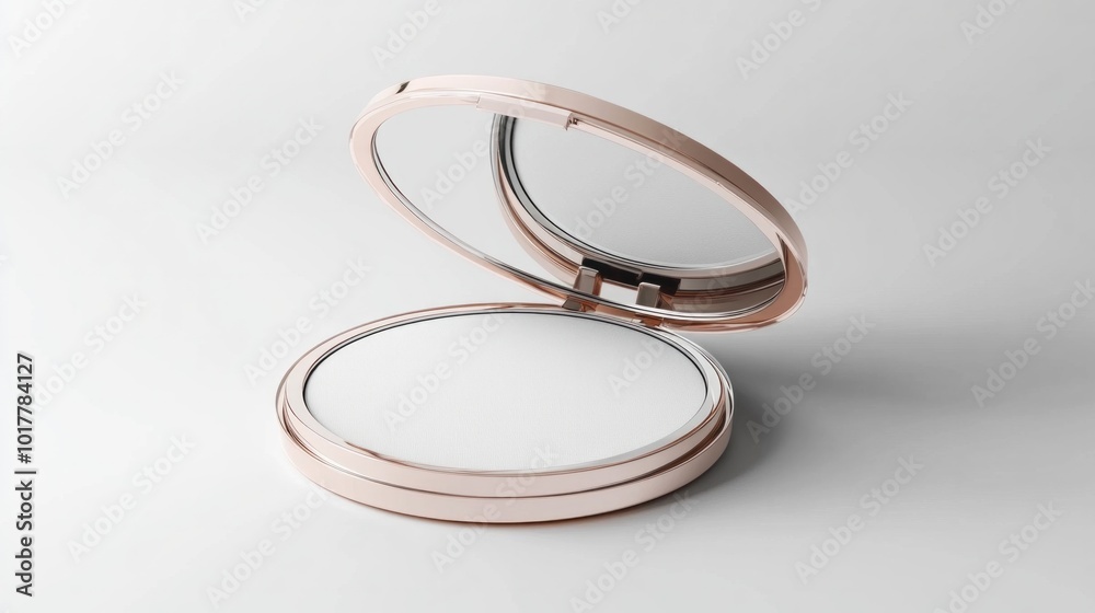 A small, white, gold and silver compact mirror with a white base A small, white, gold and silver compact mirror with a white base