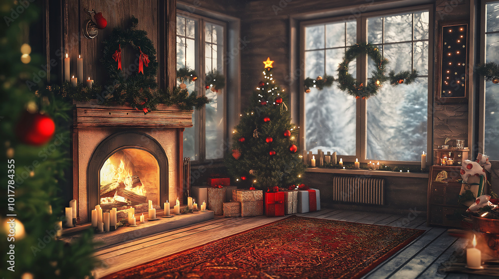 Cozy Living Room with Christmas-Themed Fireplace and Seasonal Decor Cozy Living Room with Christmas-Themed Fireplace and Seasonal Decor