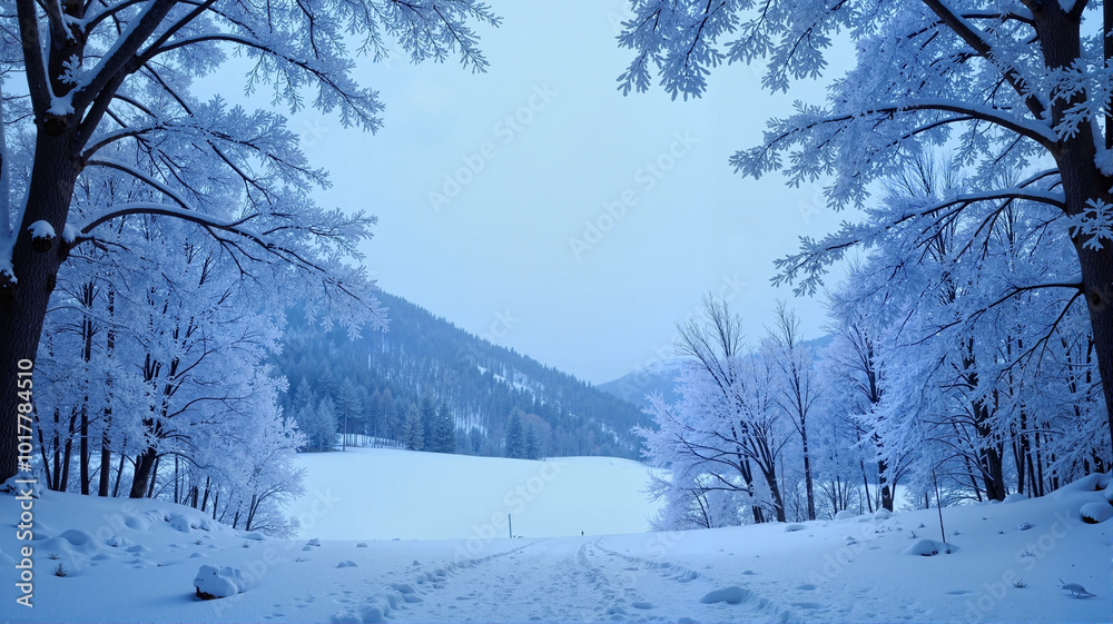 Fototapeta premium Frosty forest path leading to snowy mountains in winter