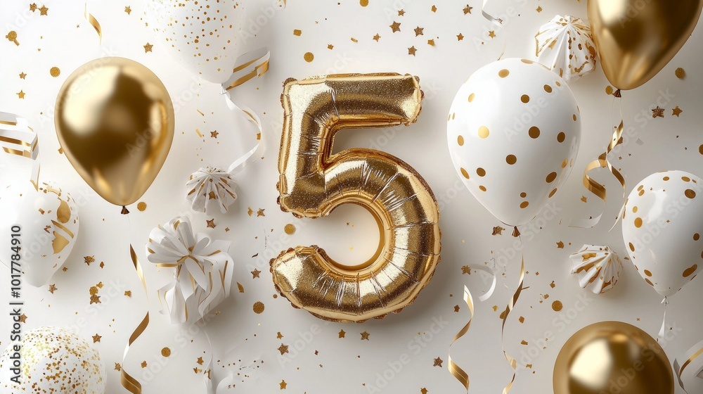 A gold and white number 5 balloon is surrounded by gold and white balloons