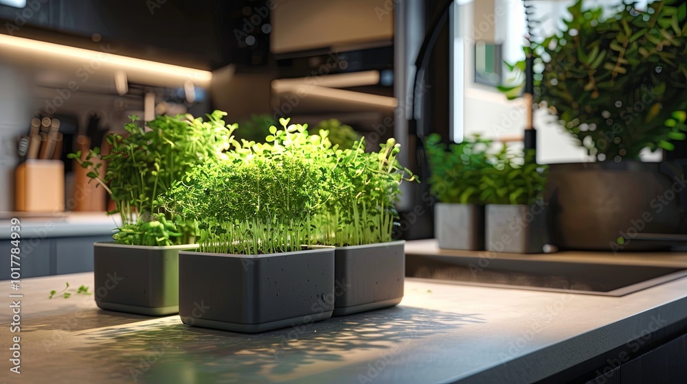 Fresh microgreens thrive in small containers on a countertop, illuminated by soft natural light in a contemporary kitchen space. Generative AI Fresh microgreens thrive in small containers on a countertop, illuminated by soft natural light in a contemporary kitchen space. Generative AI