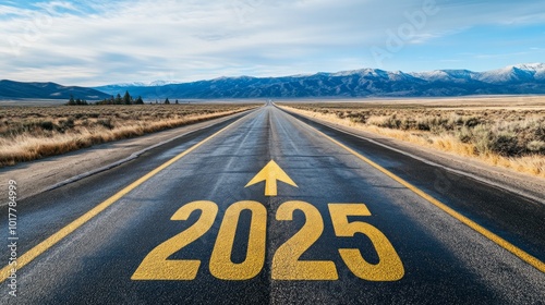 A road with a yellow arrow pointing up and the number 2025 written in black