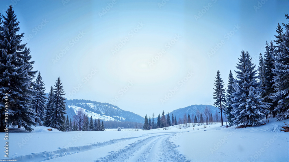 Snowy mountain road with fir trees and distant hills Snowy mountain road with fir trees and distant hills