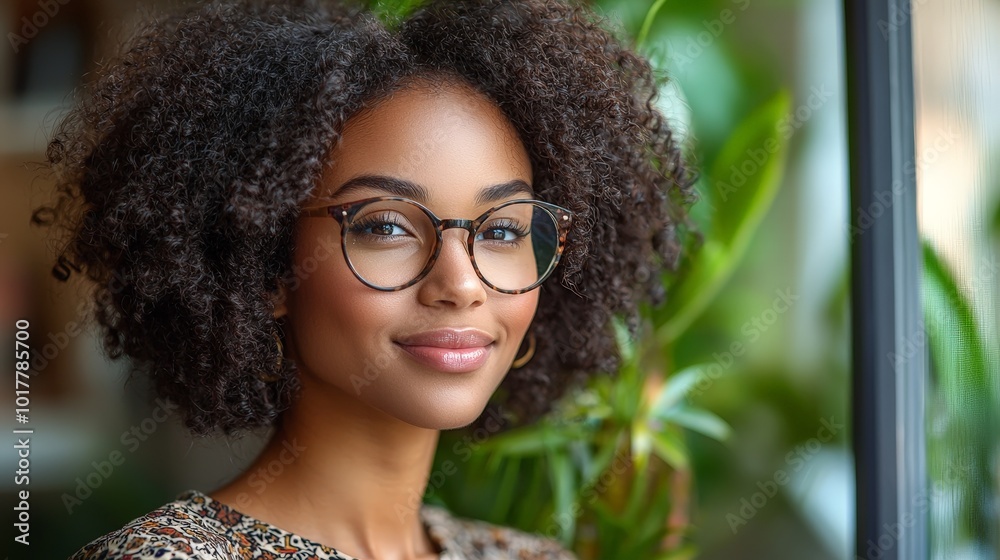 A woman with curly hair and glasses smiles near a window with plants.