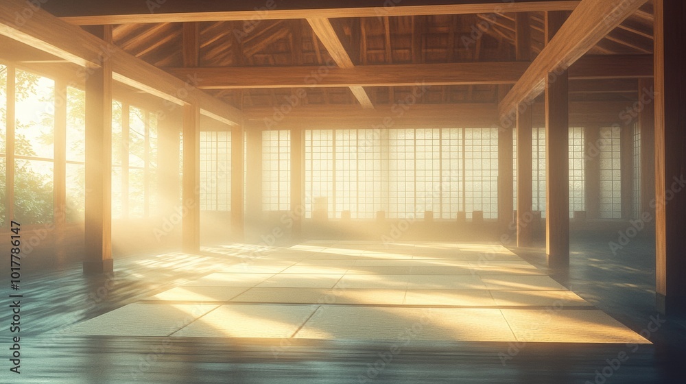 Serene Japanese Dojo Interior - Tatami Mats and Soft Hazy Light Serene Japanese Dojo Interior - Tatami Mats and Soft Hazy Light
