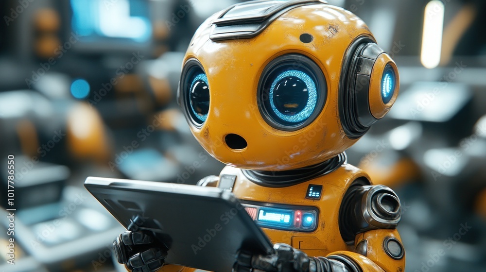 A Yellow Robot Holding a Tablet