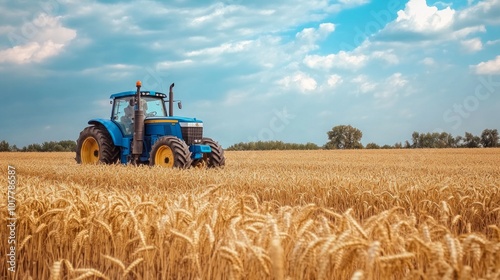 A blue tractor is driving through a field of wheat